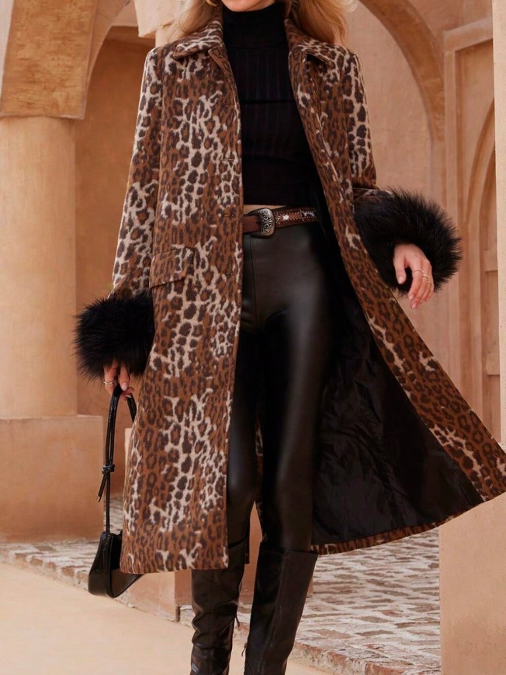 Multicolor Elegant Women's Leopard Fluffy Fuzzy Cuff Long Sleeve Coat With Belt